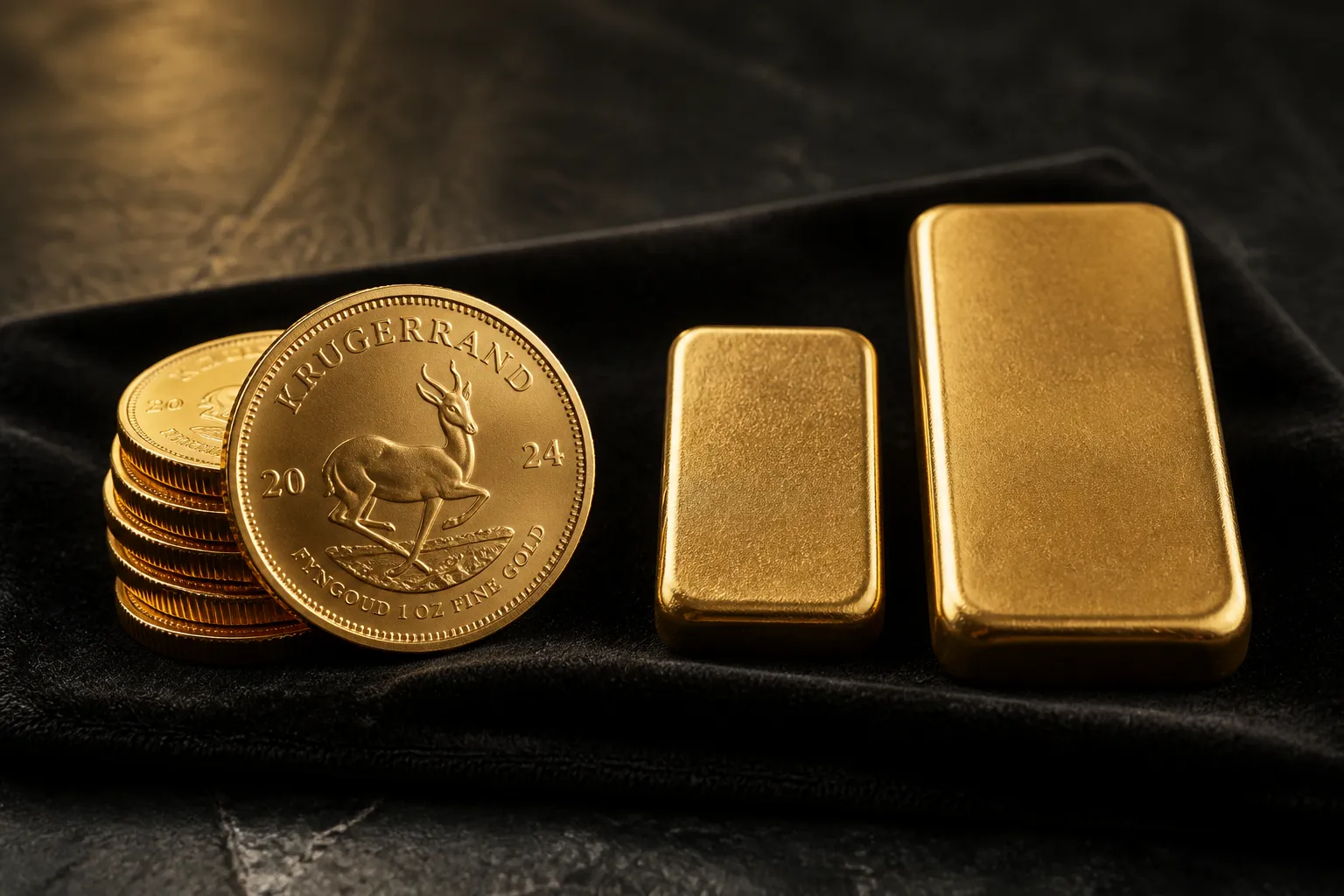 Goldmünzen und Goldbarren nebeneinander auf dunklem Untergrund – Vergleich für Anleger