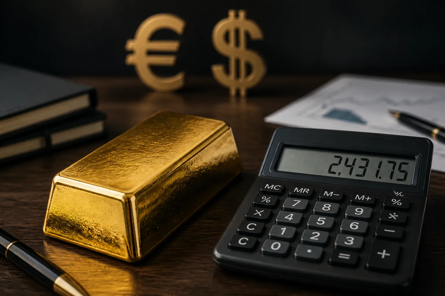 Goldbarren neben einem Taschenrechner zur Umrechnung des Goldpreises von Dollar in Euro