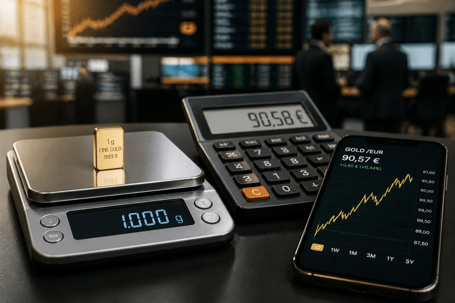 Goldbarren auf Feinwaage neben Taschenrechner und Goldpreis-Chart – Goldpreis pro Gramm berechnen