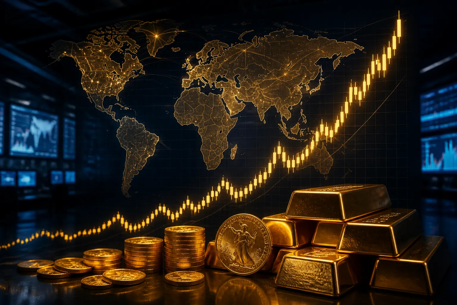 Goldbarren und Goldmünzen vor einem steigenden Preischart – Illustration der Goldpreis-Treiber