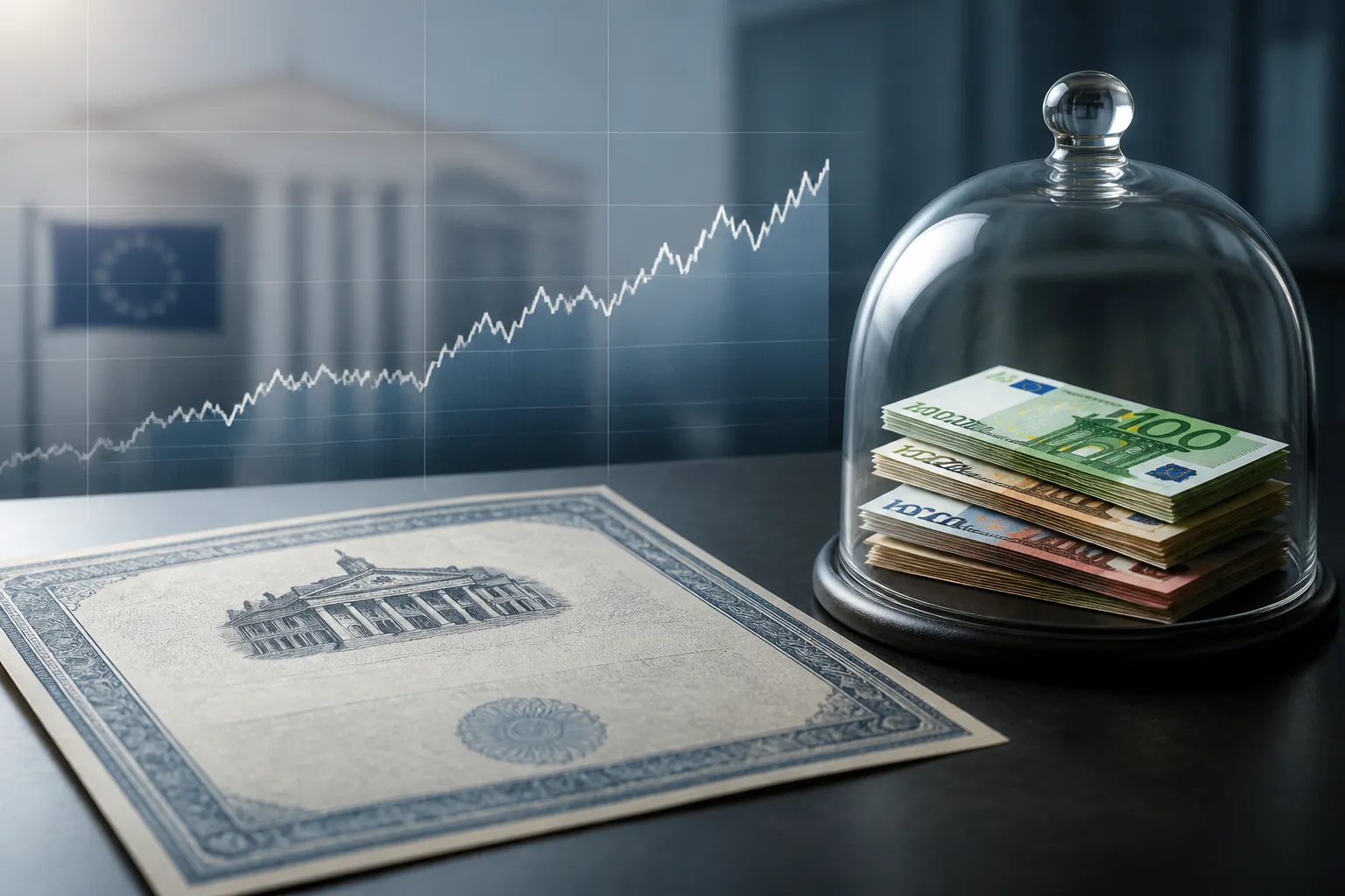 Inflationsindexierte Anleihe als Dokument auf einem Schreibtisch mit Euro-Scheinen und einem Inflationsdiagramm als Symbol für Kaufkraftschutz