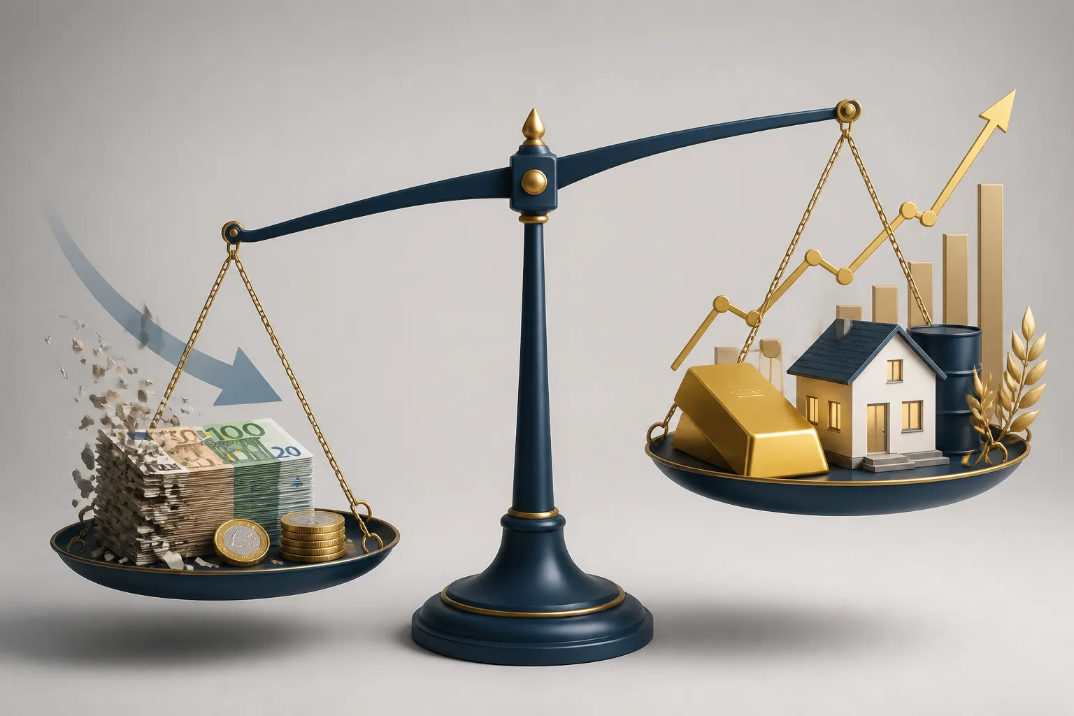 Waage mit schrumpfenden Geldscheinen auf einer Seite und Sachwerten wie Gold, Immobilien und Aktien auf der anderen Seite – Inflationsschutz Geldanlage Möglichkeiten 2026