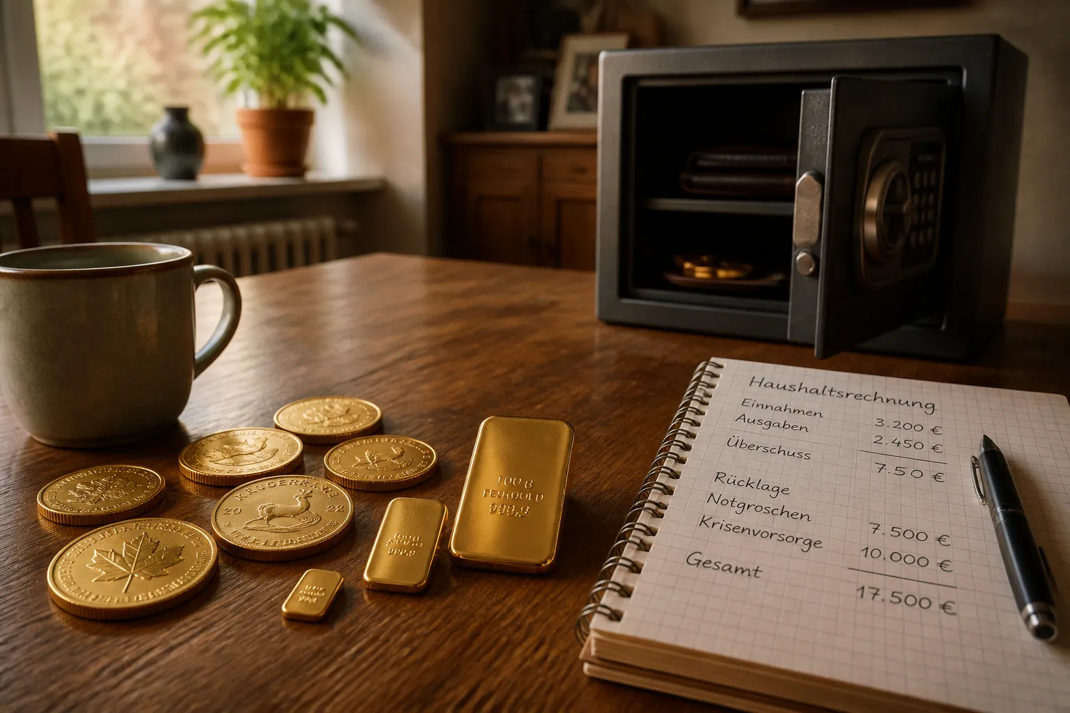 Goldmünzen und Goldbarren verschiedener Größen auf einem Holztisch neben einem geöffneten Haushaltstresor — Krisenvorsorge mit Gold für deutsche Haushalte