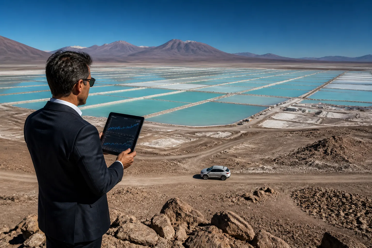 Lithiumsalzebene in der Atacama-Wüste mit Verdampfungsbecken und Investor mit Kursdiagrammen – Lithium Investment 2026