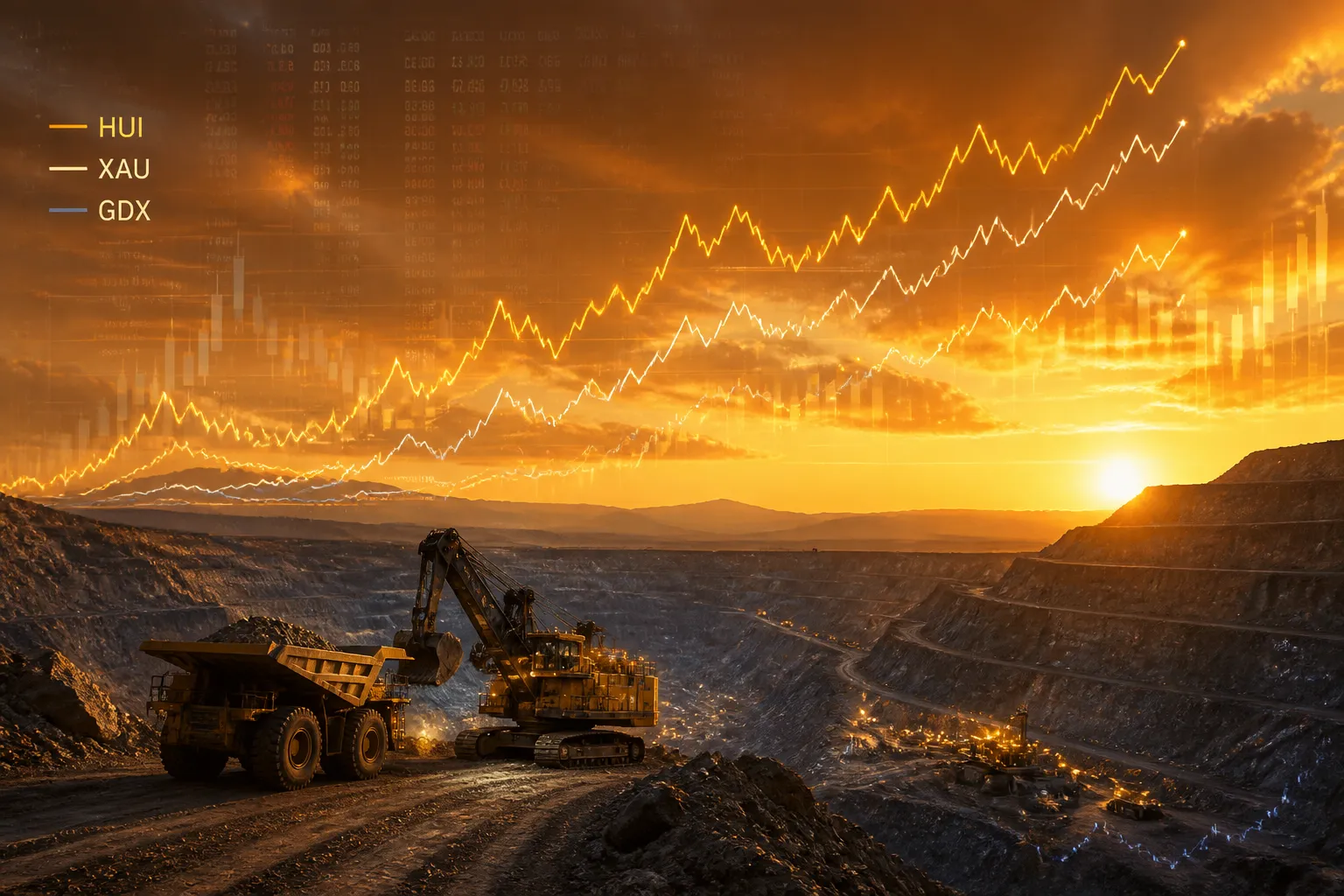Goldmine von oben mit überlagerten Minenaktien-Index-Charts als Finanzvisualisierung
