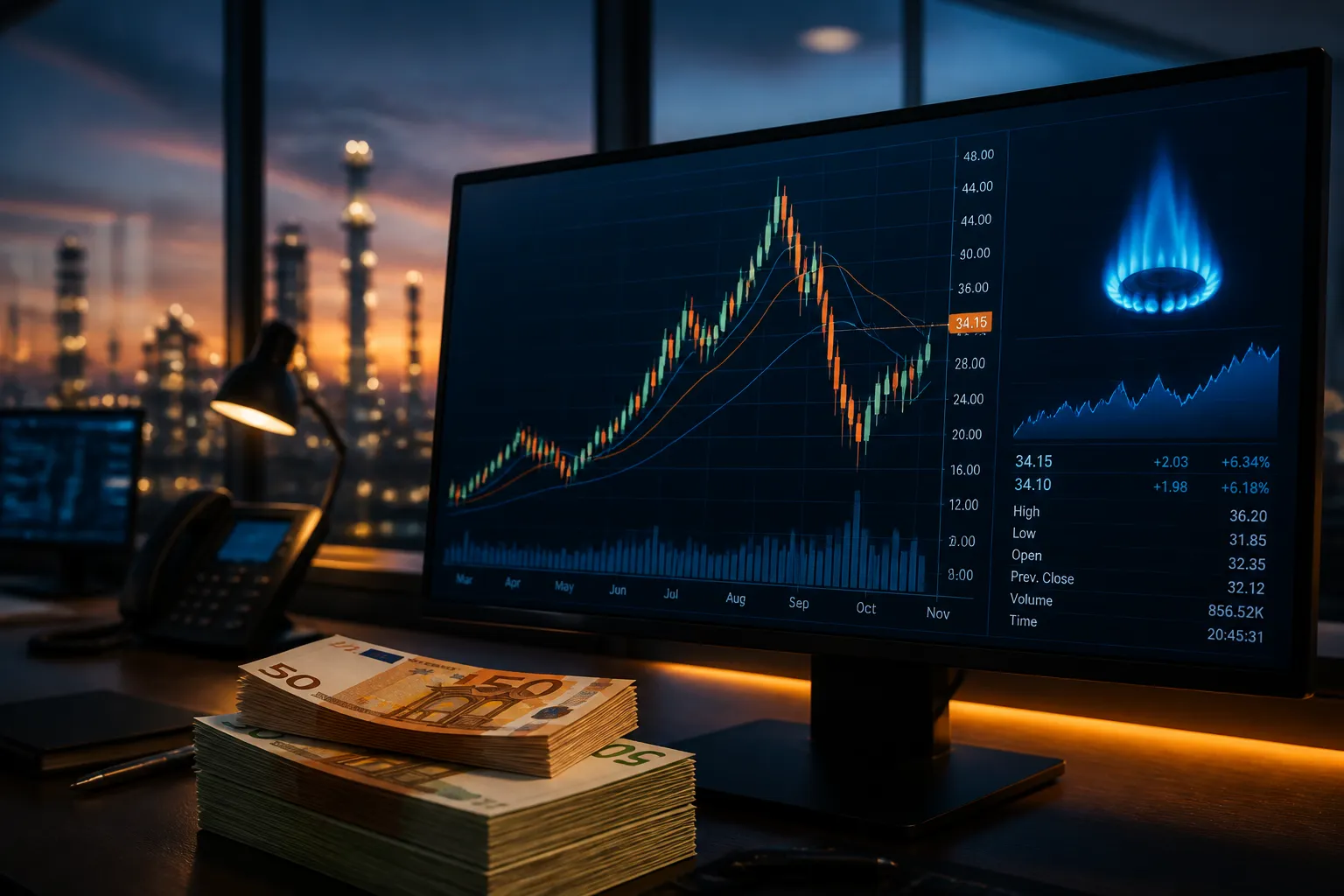 Privatanleger-Investment in Erdgas: Handelsbildschirm mit Gaspreis-Chart und Euro-Scheinen auf modernem Trading-Desk