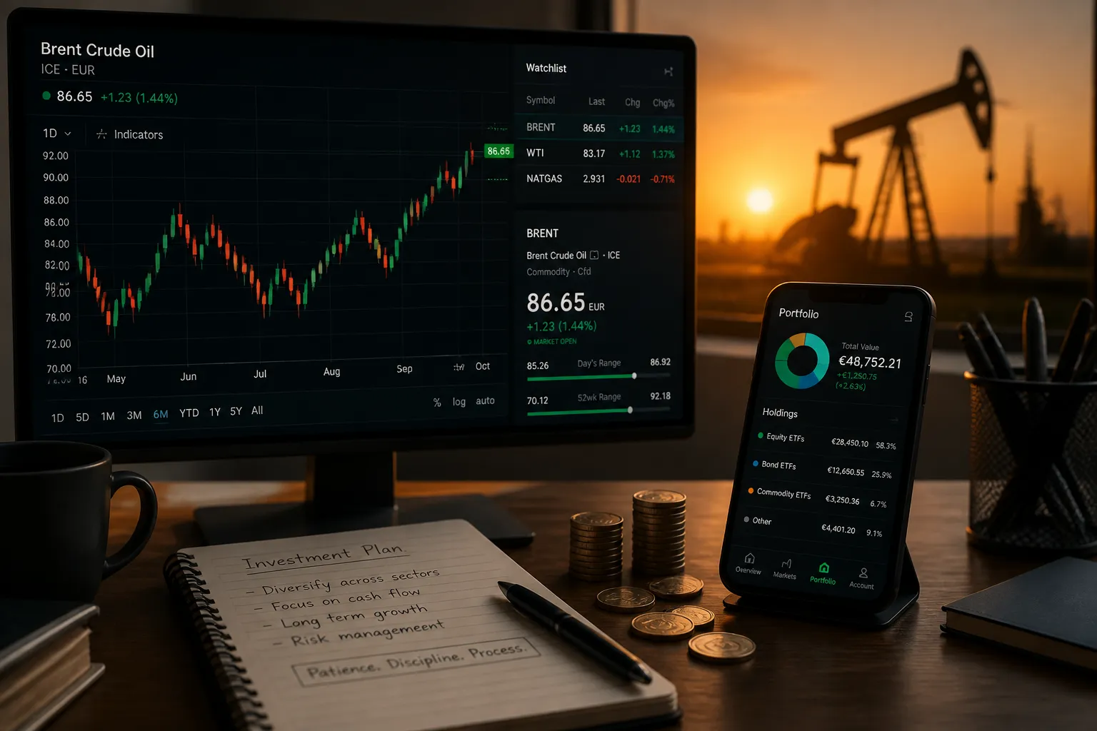 Privatanleger investiert in Öl über ETF-App auf Smartphone und Laptop mit Rohöl-Kursdiagramm