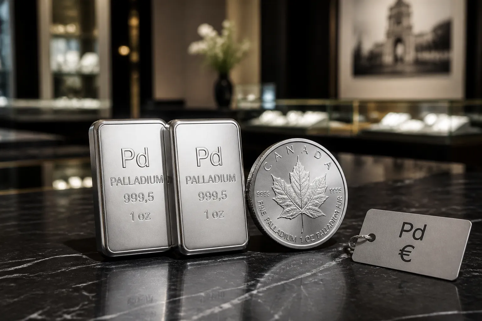 Palladium-Barren und Palladium-Münze auf Marmor – Palladium kaufen in Deutschland