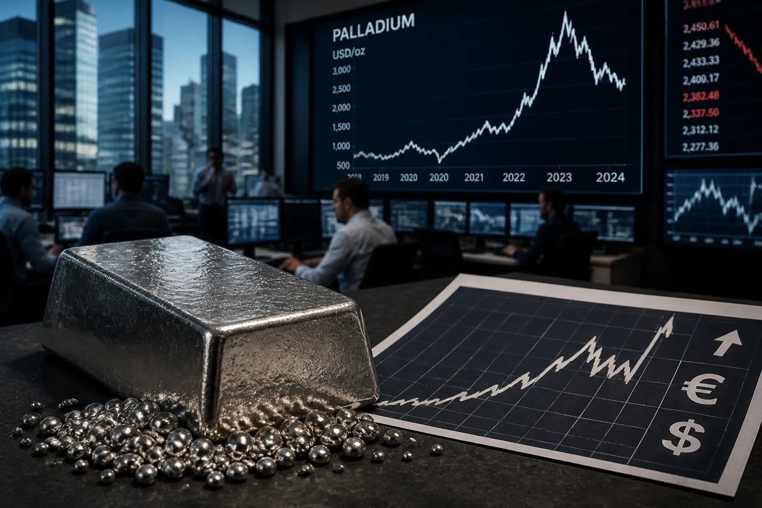 Palladiumbarren und Preischart auf einem Handelstisch – Illustration zum hohen Palladiumpreis und seinen Ursachen
