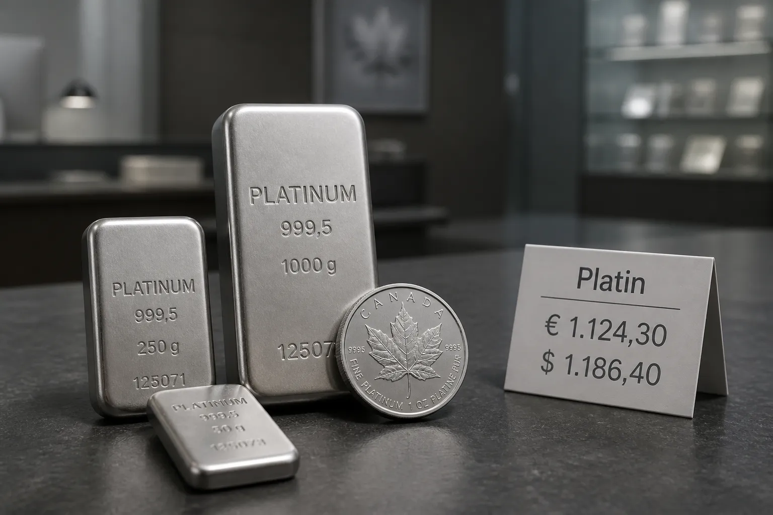 Platinbarren und Platinmünzen auf dunkler Schieferoberfläche – Platin kaufen in Deutschland