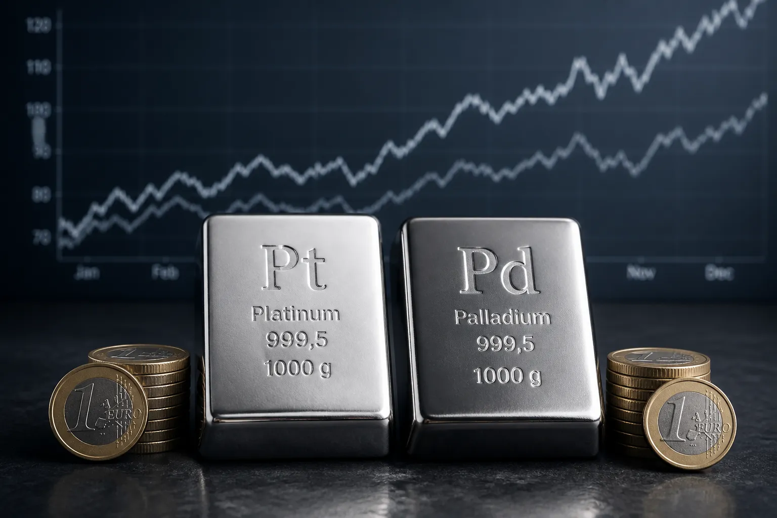 Zwei Edelmetallbarren aus Platin und Palladium nebeneinander als Symbolbild für den Investment-Vergleich