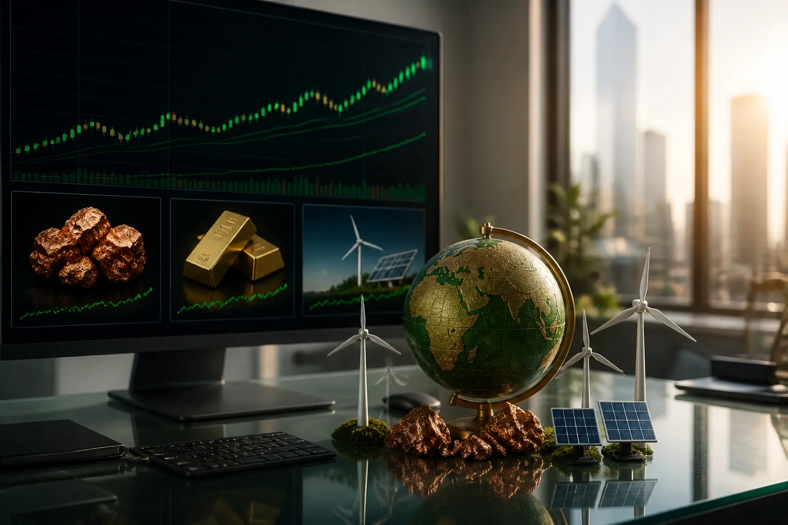 Monitor zeigt ESG-Rohstoff-ETF-Chart mit nachhaltigen Metallen wie Kupfer und Gold auf einem modernen Schreibtisch mit Globus und Windrädern