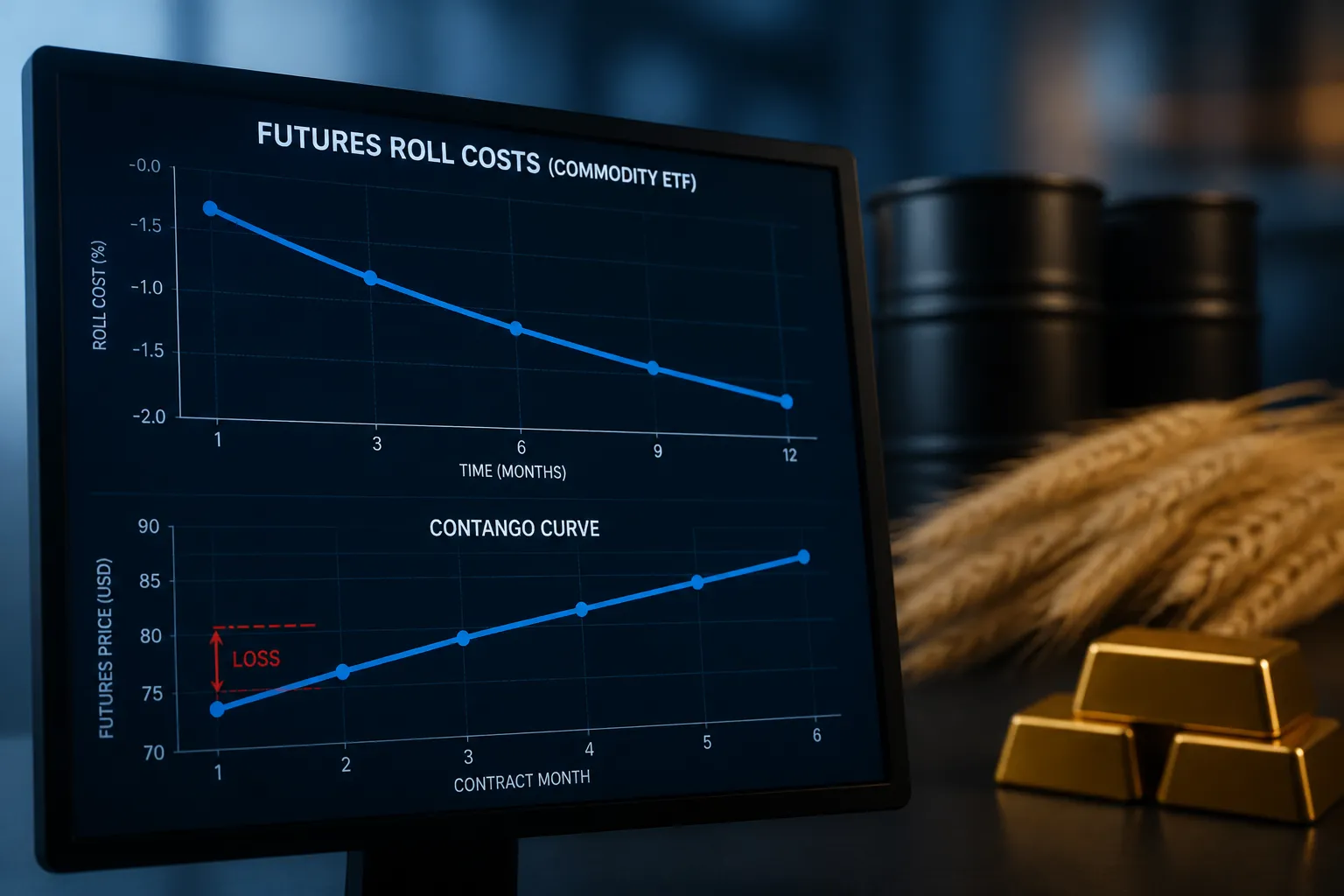 Rohstoff ETF Rollverluste verstehen – Contango-Kurve auf Trading-Monitor mit Öl, Weizen und Gold im Hintergrund