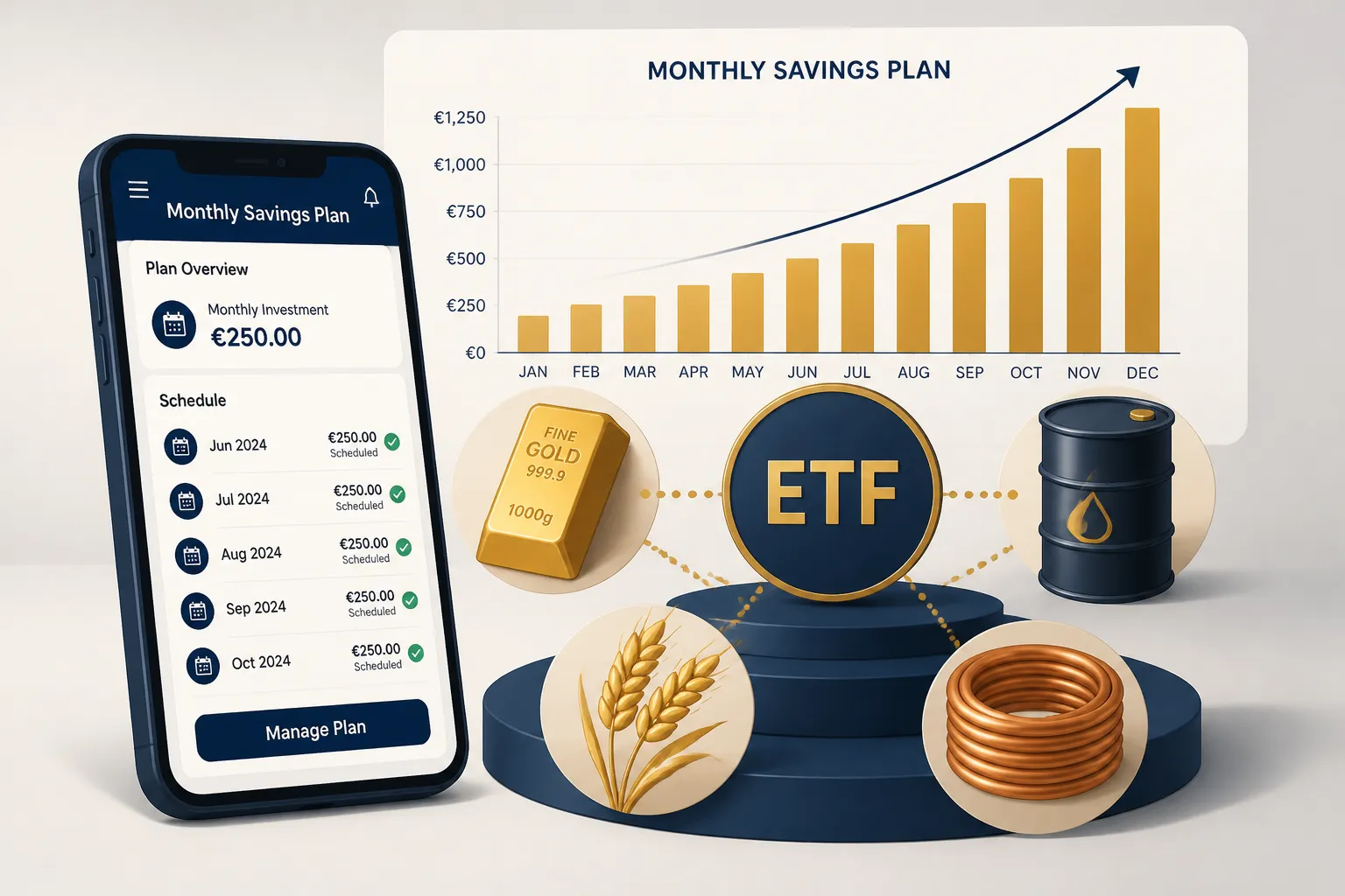 Rohstoff-ETF-Sparplan Illustration mit Gold, Öl, Weizen und einem Broker-App-Interface mit monatlichem Sparplan-Diagramm
