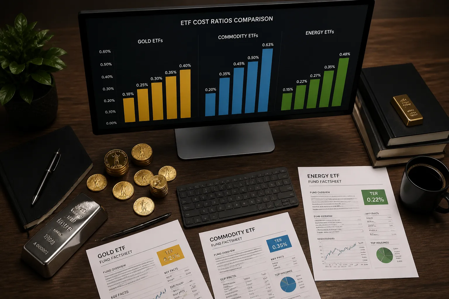 Rohstoff ETF TER Kosten Vergleich 2026 – Monitor mit Kostenvergleich-Diagrammen neben Goldmünzen und Fondsunterlagen