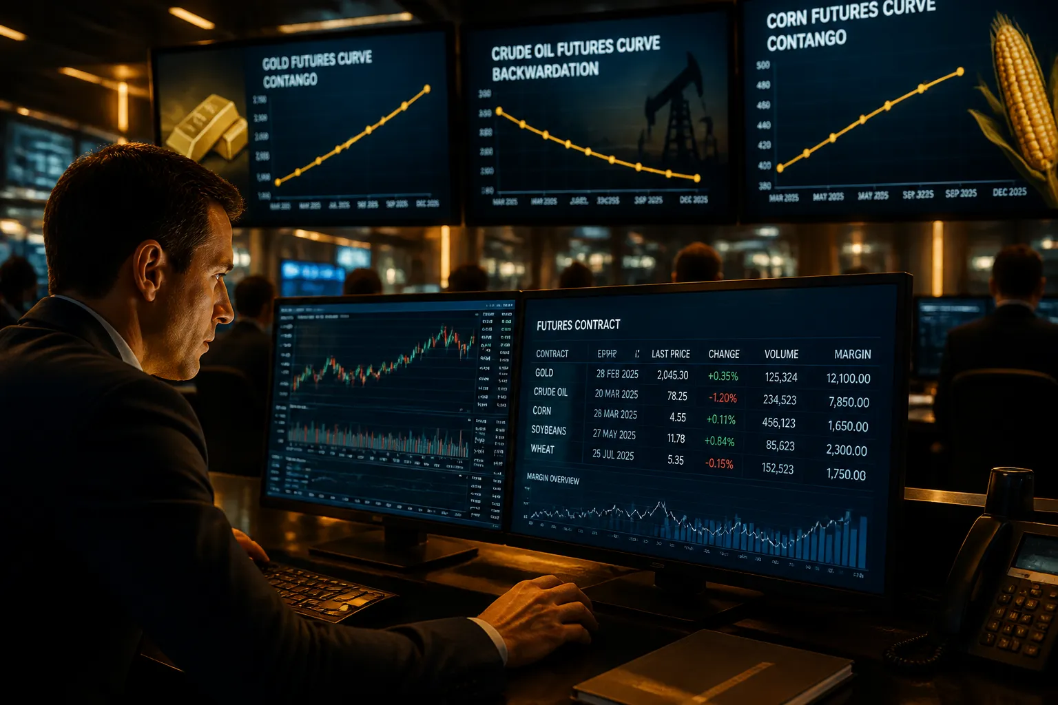 Rohstoff-Futures Handel erklärt: Analyst an einem Börsenterminal mit Rohstoffpreischarts und Futures-Kontrakten auf Bildschirmen