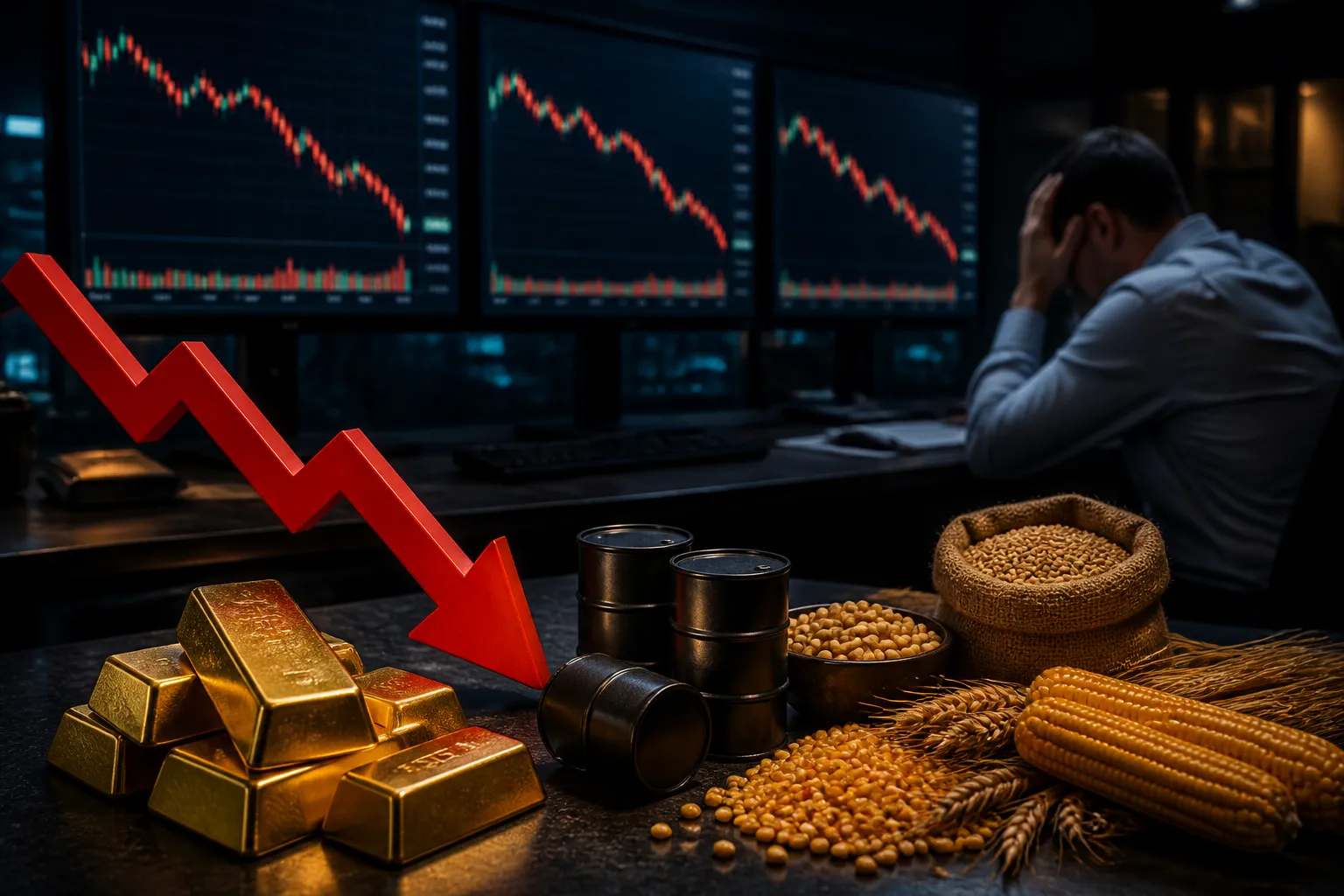 Rohstoff investieren Risiken und Nachteile: Fallende Kurscharts auf Trading-Monitor mit Gold, Öl und Agrarrohstoffen im Vordergrund