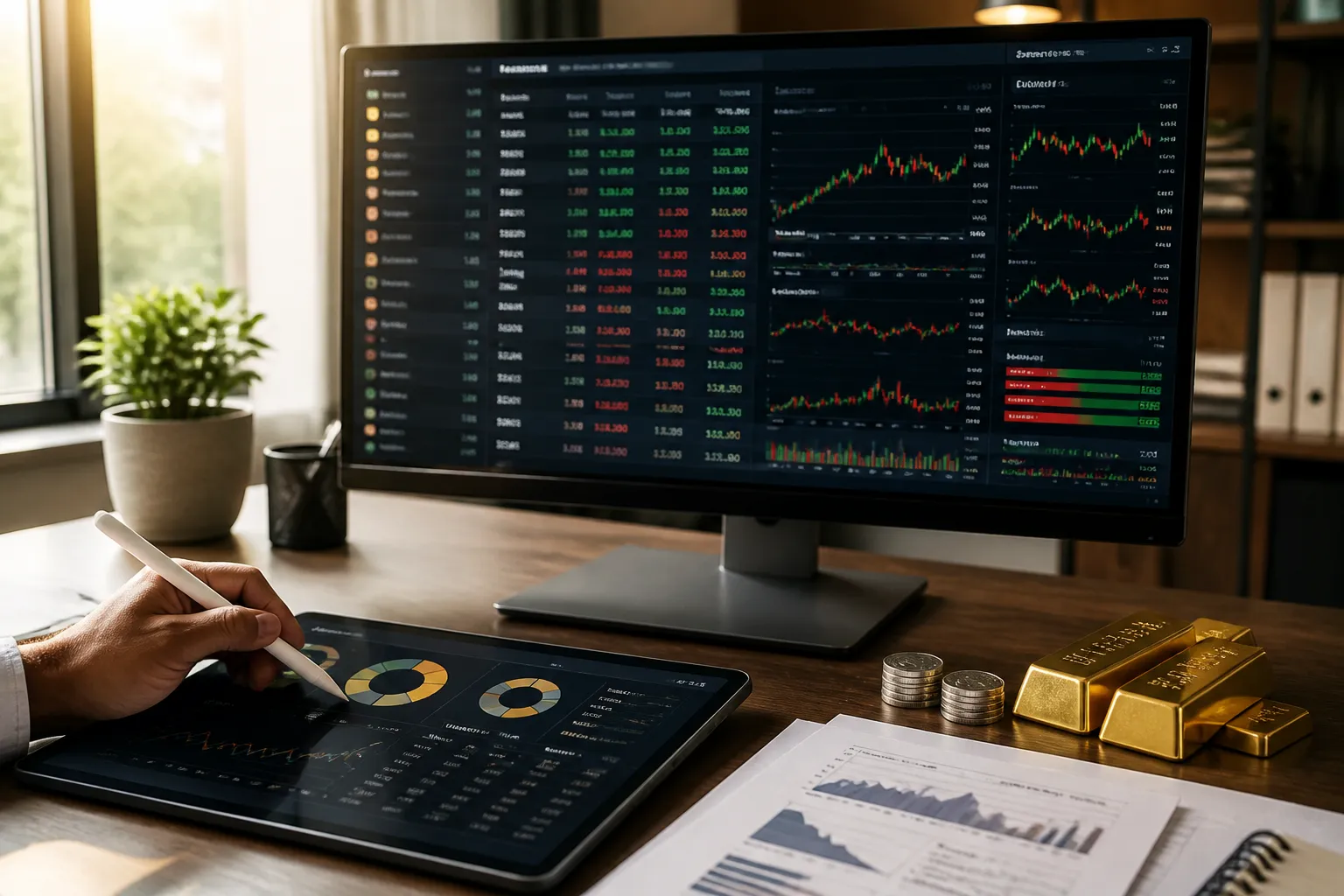 Privatanleger kauft Rohstoffaktien am Computer mit Goldbarren und Minenaktien-Charts auf dem Bildschirm