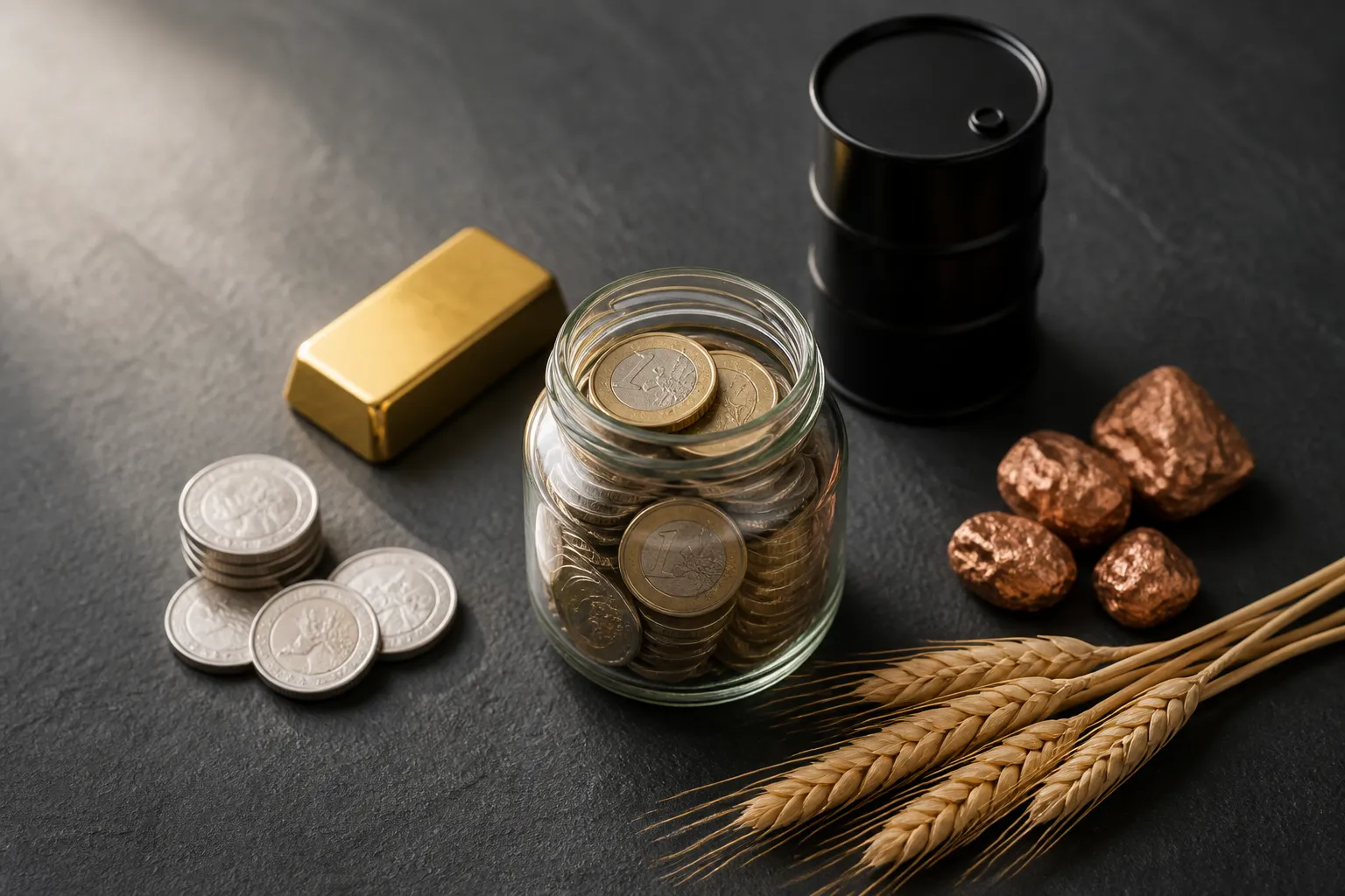 Verschiedene Rohstoffe als Geldanlage für Anfänger: Goldbarren, Silbermünzen, Kupfer und Weizen neben Euro-Münzen auf dunklem Untergrund