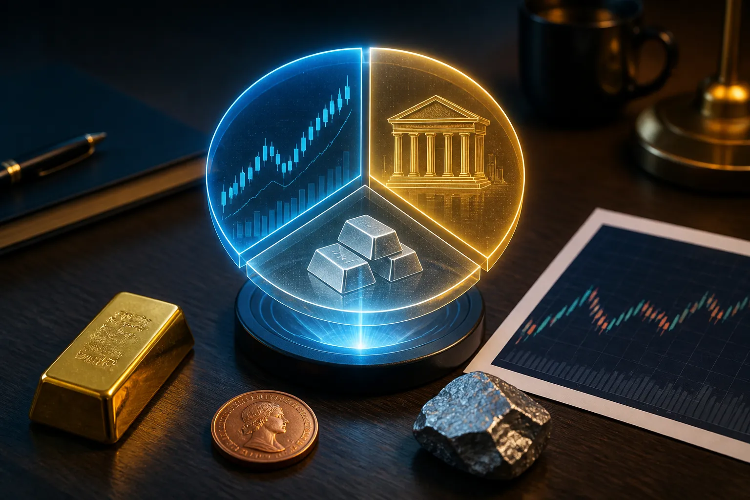 Diversifiziertes Portfolio mit Rohstoffen wie Gold und Kupfer als Beimischung zu Aktien und Anleihen