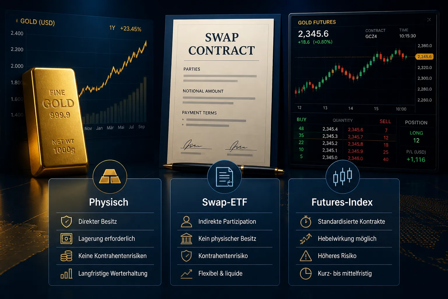 Vergleich der Rohstoff-ETF Arten: physisch hinterlegt, swap-basiert und futures-basiert als Infografik