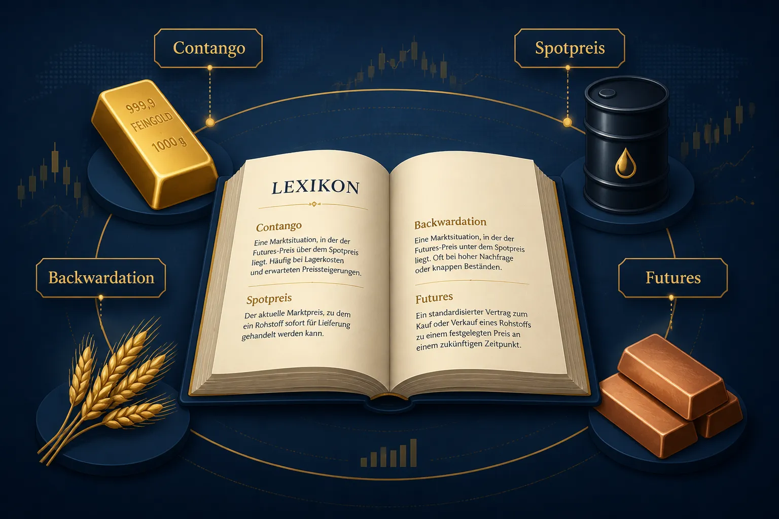 Rohstoffe Glossar – Fachbegriffe wie Contango, Spotpreis und Backwardation als illustrierte Übersicht mit Gold, Öl und Weizen