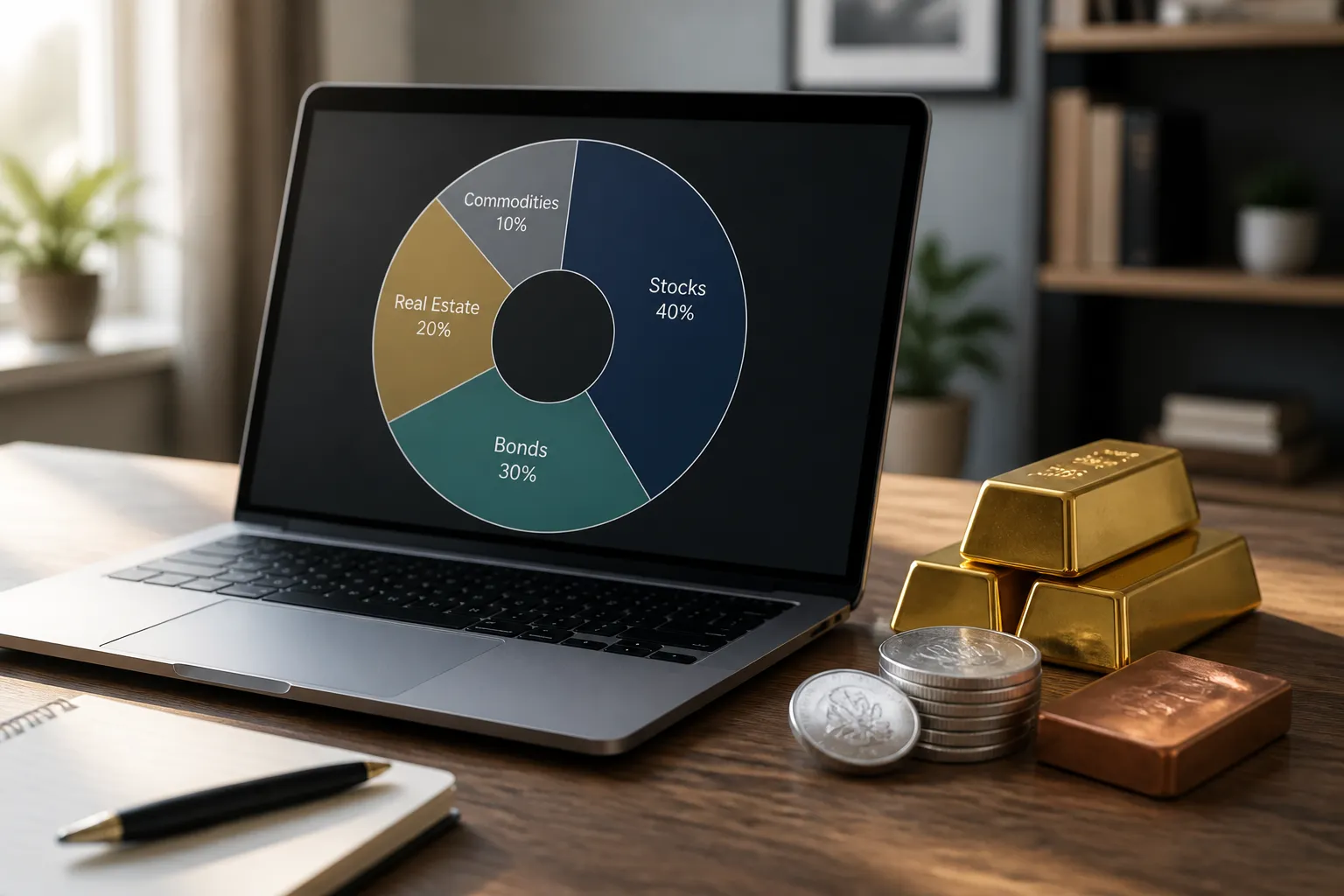 Portfolio-Kreisdiagramm auf Laptop-Bildschirm neben physischen Rohstoffen wie Goldbarren und Silbermünzen als Illustration des Rohstoffanteils im Depot