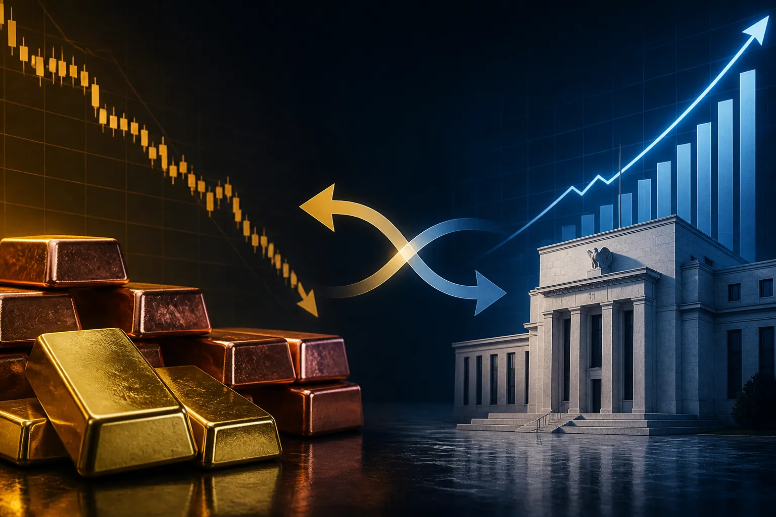 Rohstoffe und Zinsen Zusammenhang: Goldbarren und Zinsdiagramm zeigen die inverse Beziehung zwischen Leitzins und Rohstoffpreisen