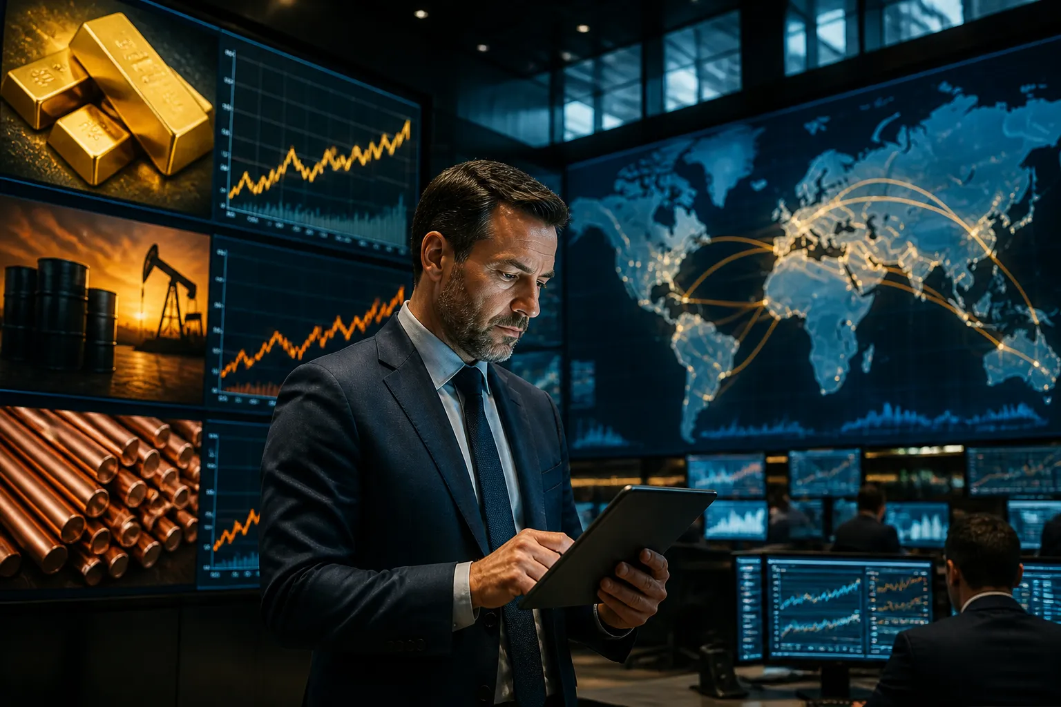 Händler analysiert Rohstoffmarkt-Daten auf einem Handelsfloor mit digitalen Kursanzeigen für Gold, Öl und Kupfer