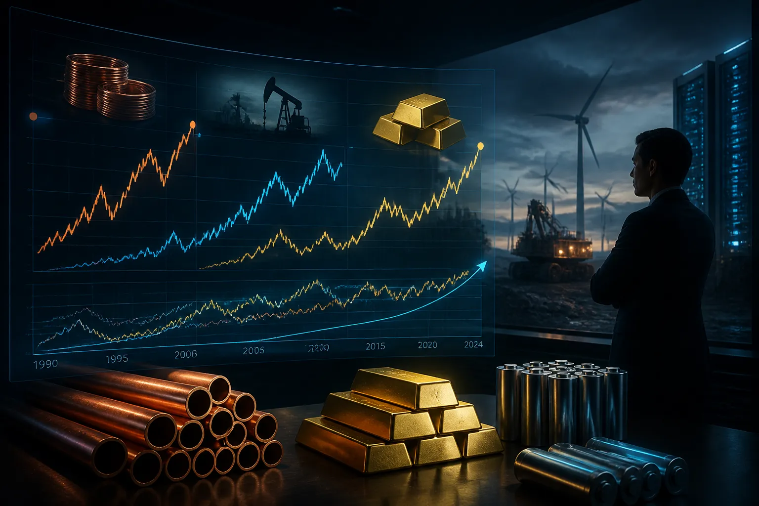 Infografik zum Rohstoff-Superzyklus: Historische Preiskurven von Kupfer, Gold und Öl mit Industriekulisse im Hintergrund