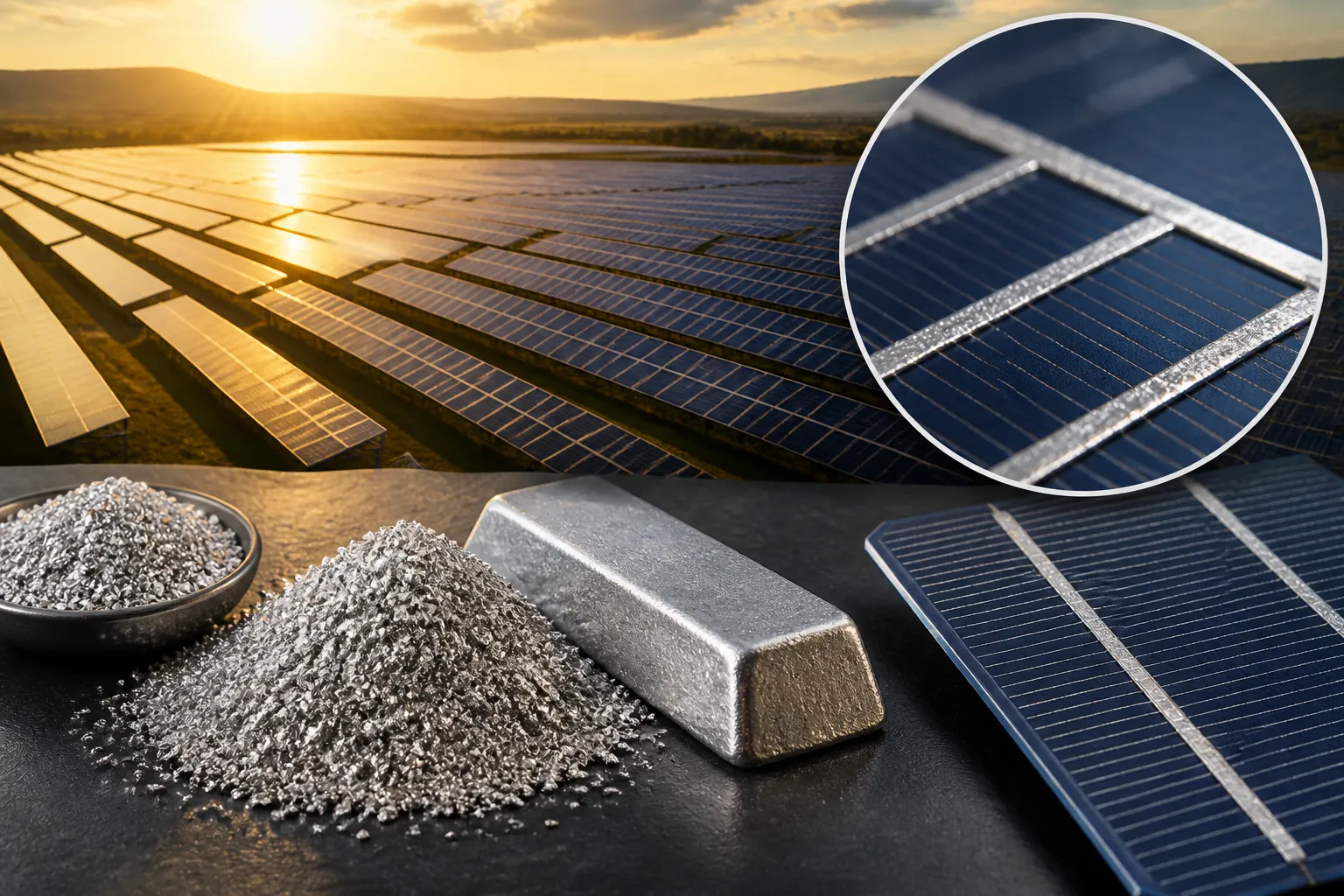 Silber-Industrienachfrage Solarenergie: Solarzellen mit leitfähiger Silberpaste und Silberbarren im Vordergrund