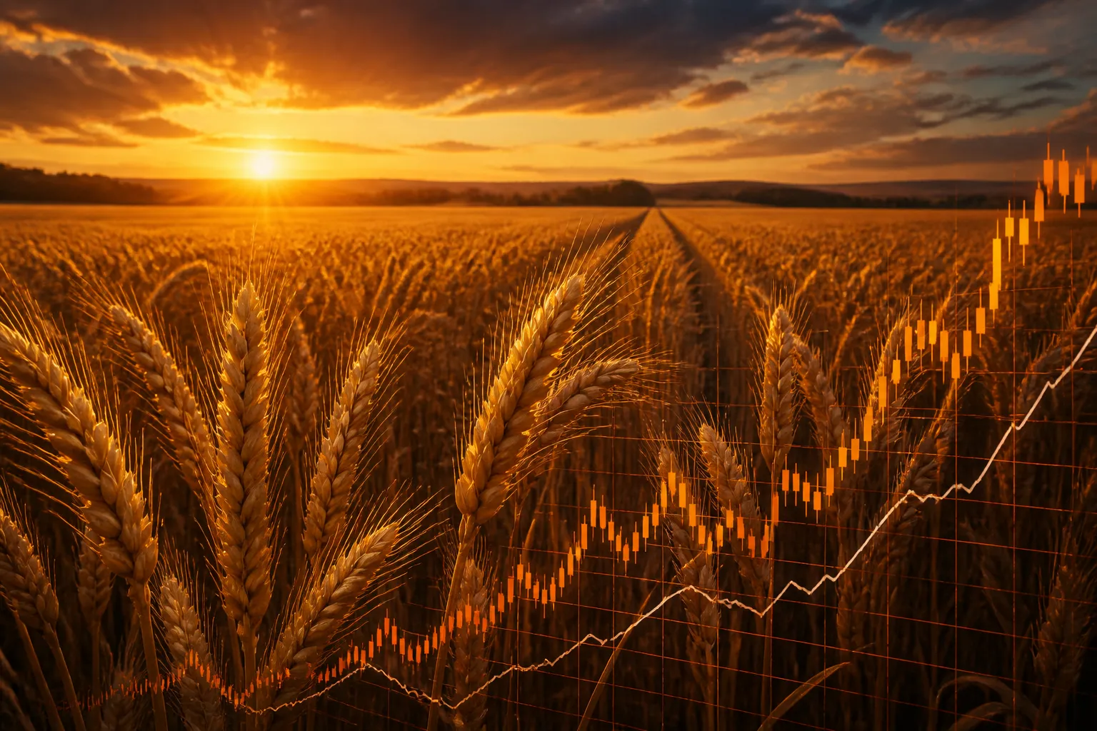 Goldenes Weizenfeld bei Sonnenuntergang mit einem überlagerten Börsenchart als Symbol für Weizen als Rohstoff investieren