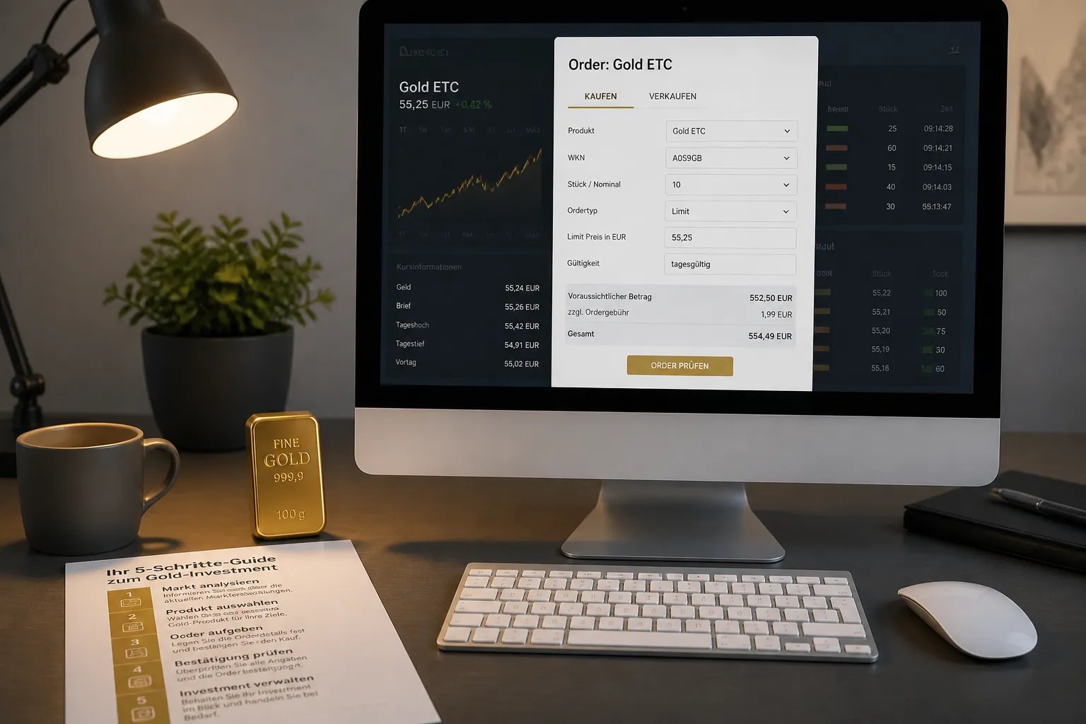 Schritt-für-Schritt Anleitung Xetra-Gold kaufen am Computer mit Broker-Oberfläche und Goldbarren